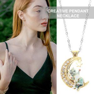 Cat Sitting on Crescent Moon Rhinestones Gold Tone Silver Chain Necklace New